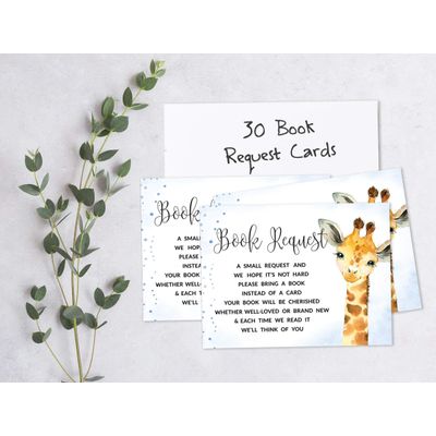 30 Cartões Preenchíveis para Chá de Bebê com Girafa e Animais da Selva, em Branco - Inkdotpot 10,16 Cm × 7,62 Cm / Azul - Livro pro Bebê