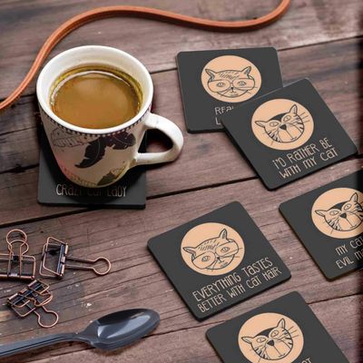 Conjunto com 6 Porta-Copos Quadrados de 10 cm para Bebidas, Base de Cortiça, Fácil de Limpar, Reutilizáveis, com Frases de Gatos - Inkdotpot 10,16 Cm × 10,16 Cm / Cinza