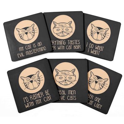 Conjunto com 6 Porta-Copos Quadrados de 10 cm para Bebidas, Base de Cortiça, Fácil de Limpar, Reutilizáveis, com Frases de Gatos - Inkdotpot 10,16 Cm × 10,16 Cm / Cinza