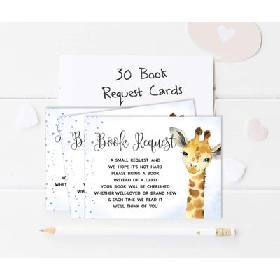 30 Cartões Preenchíveis para Chá de Bebê com Girafa e Animais da Selva, em Branco - Inkdotpot 10,16 Cm × 7,62 Cm / Azul - Livro pro Bebê