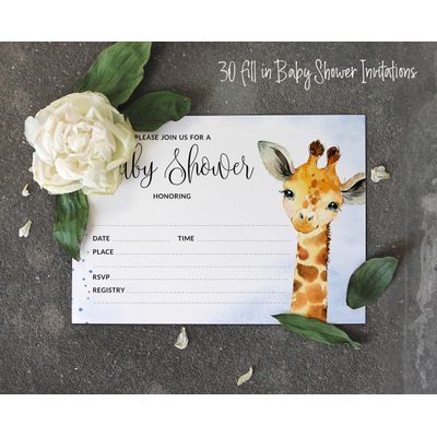 30 Cartões Preenchíveis para Chá de Bebê com Girafa e Animais da Selva, em Branco - Inkdotpot 10,16 Cm × 7,62 Cm / Azul - Livro pro Bebê