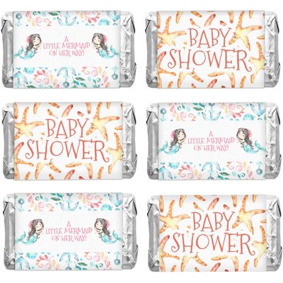 Pacote com 90 Envoltórios de Doces e Adesivos para Mini Barras de Chocolate para Chá de Bebê de Menina (Sem Doces) (Sereia) - Inkdotpot 3,68 Cm × 6,73 Cm / Branco