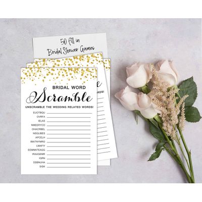 Cartões de Jogo Quadrados em Branco para Ideias de Presentes, 50 Un., Confete Dourado para Chá de Noiva/Despedida de Solteira - Inkdotpot 12,7 Cm × 17,78 Cm / Branco - Jogo de Palavras da Noiva