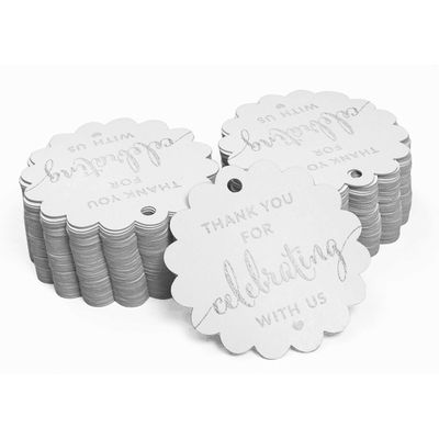 Tags Papel Metalizado 'Obrigado por Celebrar Conosco' para Lembranças - Chá de Noiva/Bebê/Aposentadoria/Casamento/Aniversário - Inkdotpot 100 Etiquetas Metalizadas / Branco - Prata