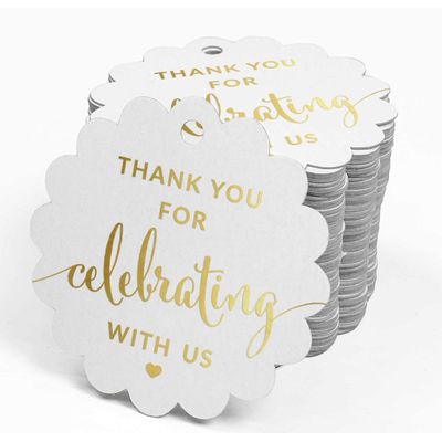 Tags Papel Metalizado 'Obrigado por Celebrar Conosco' para Lembranças - Chá de Noiva/Bebê/Aposentadoria/Casamento/Aniversário - Inkdotpot 100 Etiquetas Metalizadas / Branco - Prata