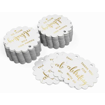 Tags Papel Metalizado 'Obrigado por Celebrar Conosco' para Lembranças - Chá de Noiva/Bebê/Aposentadoria/Casamento/Aniversário - Inkdotpot 100 Etiquetas Metalizadas / Branco - Prata