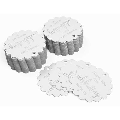 Tags Papel Metalizado 'Obrigado por Celebrar Conosco' para Lembranças - Chá de Noiva/Bebê/Aposentadoria/Casamento/Aniversário - Inkdotpot 100 Etiquetas Metalizadas / Branco - Prata