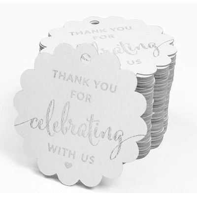 Tags Papel Metalizado 'Obrigado por Celebrar Conosco' para Lembranças - Chá de Noiva/Bebê/Aposentadoria/Casamento/Aniversário - Inkdotpot 100 Etiquetas Metalizadas / Branco - Prata