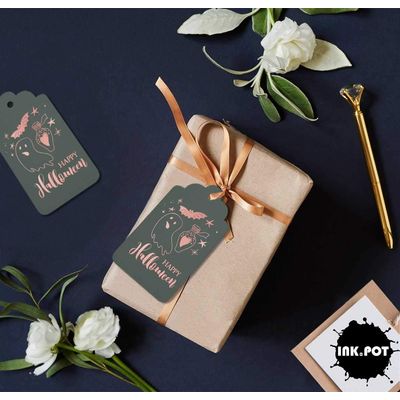Etiquetas de Garrafa 'Happy Halloween' Folheadas para Lembrancinha, para Pendurar - Inkdotpot 100 Etiquetas Metalizadas / Cinza - Ouro Rosé