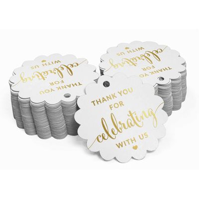 Tags Papel Metalizado 'Obrigado por Celebrar Conosco' para Lembranças - Chá de Noiva/Bebê/Aposentadoria/Casamento/Aniversário - Inkdotpot 100 Etiquetas Metalizadas / Branco - Prata