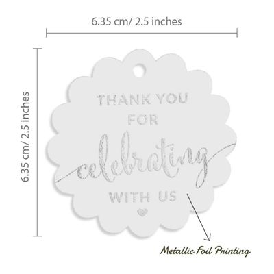 Tags Papel Metalizado 'Obrigado por Celebrar Conosco' para Lembranças - Chá de Noiva/Bebê/Aposentadoria/Casamento/Aniversário - Inkdotpot 100 Etiquetas Metalizadas / Branco - Prata