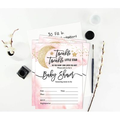 30 Cartões para Chá de Revelação de Gênero Twinkle Twinkle Little Star Preenchíveis - Inkdotpot 10,16 Cm × 7,62 Cm / Branco - Livro pro Bebê