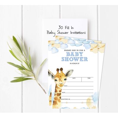 30 Cartões de Chá de Bebê para Preencher com Girafa e Animais da Selva em Branco - Inkdotpot 5,08 Cm × 8,89 Cm / Branco - Sorteio de Fraldas