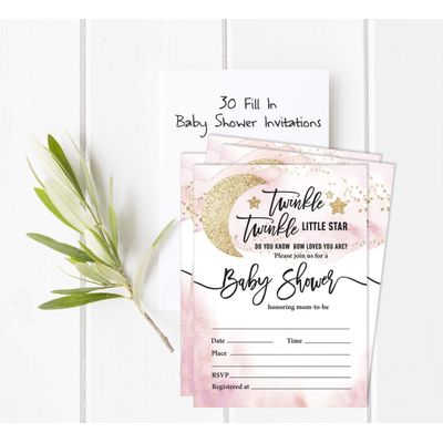 30 Cartões para Chá de Revelação de Gênero Twinkle Twinkle Little Star Preenchíveis - Inkdotpot 10,16 Cm × 7,62 Cm / Branco - Livro pro Bebê