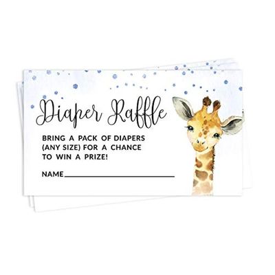 30 Cartões Preenchíveis para Chá de Bebê com Girafa e Animais da Selva, em Branco - Inkdotpot 5,08 Cm × 8,89 Cm / Azul - Sorteio de Fraldas