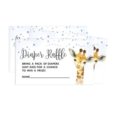 30 Cartões Preenchíveis para Chá de Bebê com Girafa e Animais da Selva, em Branco - Inkdotpot 5,08 Cm × 8,89 Cm / Azul - Sorteio de Fraldas