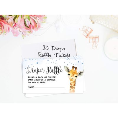 30 Cartões Preenchíveis para Chá de Bebê com Girafa e Animais da Selva, em Branco - Inkdotpot 5,08 Cm × 8,89 Cm / Azul - Sorteio de Fraldas
