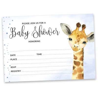 30 Cartões Preenchíveis para Chá de Bebê com Girafa e Animais da Selva, em Branco - Inkdotpot 5,08 Cm × 8,89 Cm / Azul - Sorteio de Fraldas