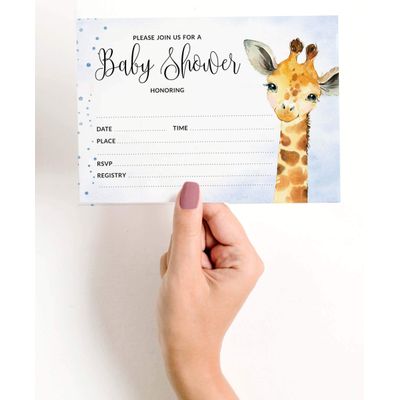 30 Cartões Preenchíveis para Chá de Bebê com Girafa e Animais da Selva, em Branco - Inkdotpot 5,08 Cm × 8,89 Cm / Azul - Sorteio de Fraldas