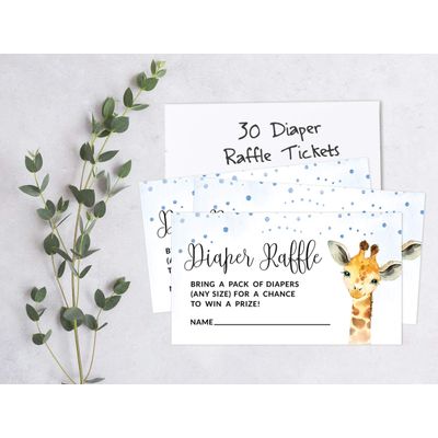 30 Cartões Preenchíveis para Chá de Bebê com Girafa e Animais da Selva, em Branco - Inkdotpot 5,08 Cm × 8,89 Cm / Azul - Sorteio de Fraldas