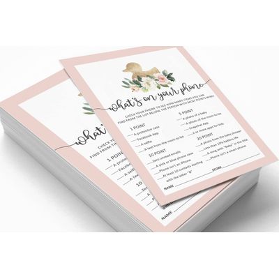 Pacote com 50, Coleção Chá de Bebê para Menina, Jogos 'O Que Tem No Seu Celular', Decorações e Suprimentos Tema Unicórnio - Inkdotpot 12,7 Cm × 17,78 Cm / Branco