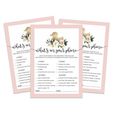 Pacote com 50, Coleção Chá de Bebê para Menina, Jogos 'O Que Tem No Seu Celular', Decorações e Suprimentos Tema Unicórnio - Inkdotpot 12,7 Cm × 17,78 Cm / Branco