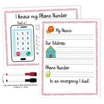 Ficha Apagável Sei Meu Endereço e Tel. Laminada para Pré-Escola e Jardim de Infância, Atividades Homeschool com 2 Marcadores - Inkdotpot