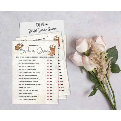 Pacote com 50 Cartões Quadrados em Branco para Chá de Noiva, Despedida de Solteira e Ideias de Presente, Jogo Cowgirl - Inkdotpot 12,7 Cm × 17,78 Cm / Branco - Ele Disse, Ela Disse