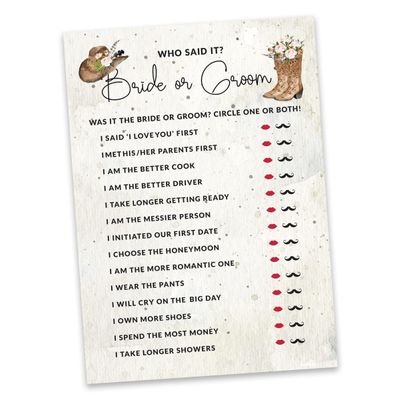 Pacote com 50 Cartões Quadrados em Branco para Chá de Noiva, Despedida de Solteira e Ideias de Presente, Jogo Cowgirl - Inkdotpot 12,7 Cm × 17,78 Cm / Branco - Ele Disse, Ela Disse