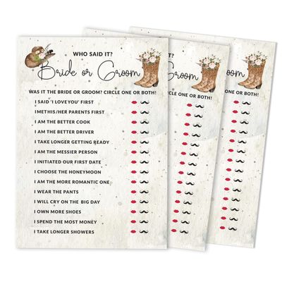 Pacote com 50 Cartões Quadrados em Branco para Chá de Noiva, Despedida de Solteira e Ideias de Presente, Jogo Cowgirl - Inkdotpot 12,7 Cm × 17,78 Cm / Branco - Ele Disse, Ela Disse