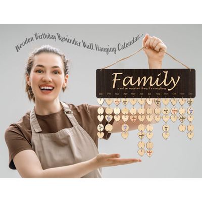 Calendário de Aniversários em Madeira com Datas Suspensas, Placa DIY para Parede, Decoração Rústica - Presente para Avós - Inkdotpot 40,64 Cm × 11,94 Cm / Marrom