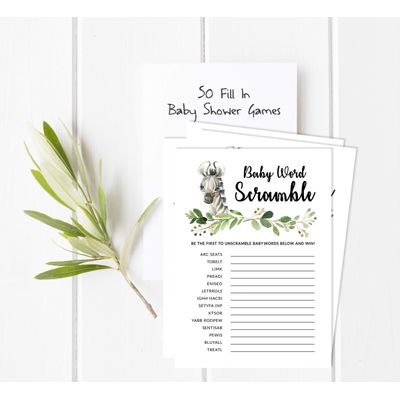 Conjunto com 50 Peças Jogo Alfabeto ABC para Chá de Bebê Tema Filhote de Guepardo e Animais da Selva - Inkdotpot 12,7 Cm × 17,78 Cm / Branco - Jogo de Palavras do Bebê