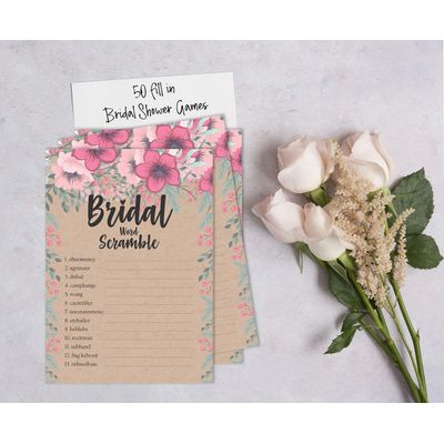 50 Cartões de Jogo Quadrados Kraft Florais em Branco para Preencher Ideias de Presente para Chá de Noiva e Despedida de Solteira - Inkdotpot 12,7 Cm × 17,78 Cm / Bege - Jogo de Palavras da Noiva