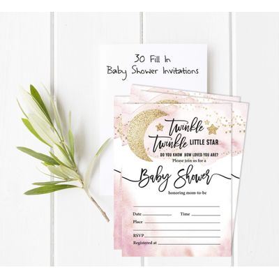 30 Cartões para Chá de Revelação de Gênero Twinkle Twinkle Little Star Preenchíveis - Inkdotpot 12,7 Cm × 17,78 Cm / Branco - Conjunto