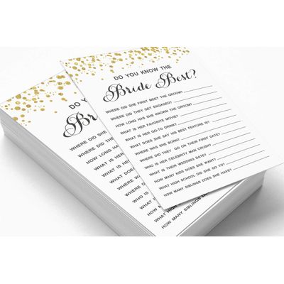 Cartões de Jogo Quadrados em Branco para Ideias de Presentes, 50 Un., Confete Dourado para Chá de Noiva/Despedida de Solteira - Inkdotpot 12,7 Cm × 17,78 Cm / Branco - Quiz da Noiva