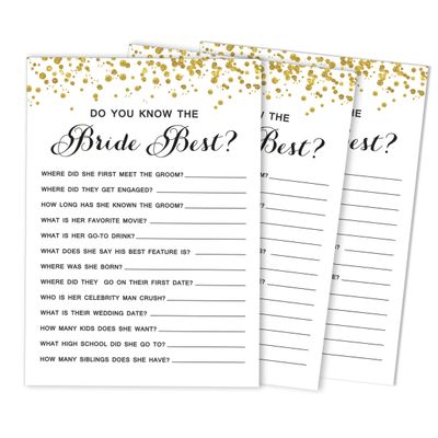 Cartões de Jogo Quadrados em Branco para Ideias de Presentes, 50 Un., Confete Dourado para Chá de Noiva/Despedida de Solteira - Inkdotpot 12,7 Cm × 17,78 Cm / Branco - Quiz da Noiva