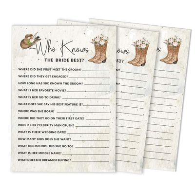 Pacote com 50 Cartões Quadrados em Branco para Chá de Noiva, Despedida de Solteira e Ideias de Presente, Jogo Cowgirl - Inkdotpot 12,7 Cm × 17,78 Cm / Branco - Quiz da Noiva