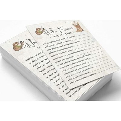 Pacote com 50 Cartões Quadrados em Branco para Chá de Noiva, Despedida de Solteira e Ideias de Presente, Jogo Cowgirl - Inkdotpot 12,7 Cm × 17,78 Cm / Branco - Quiz da Noiva