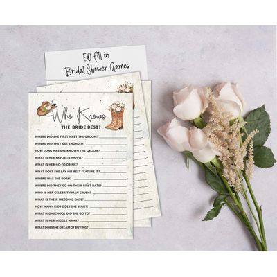Pacote com 50 Cartões Quadrados em Branco para Chá de Noiva, Despedida de Solteira e Ideias de Presente, Jogo Cowgirl - Inkdotpot 12,7 Cm × 17,78 Cm / Branco - Quiz da Noiva