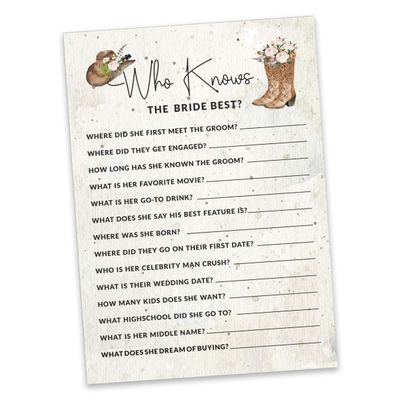 Pacote com 50 Cartões Quadrados em Branco para Chá de Noiva, Despedida de Solteira e Ideias de Presente, Jogo Cowgirl - Inkdotpot 12,7 Cm × 17,78 Cm / Branco - Quiz da Noiva
