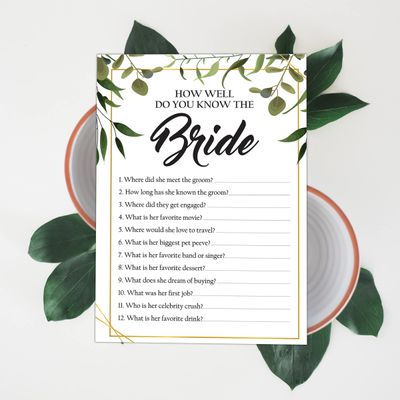 Cartões de Jogo Quadrados em Branco para Chá de Noiva e Despedida de Solteira, 50 Peças, Tema Folhagens - Inkdotpot 12,7 Cm × 17,78 Cm / Branco - Quiz da Noiva
