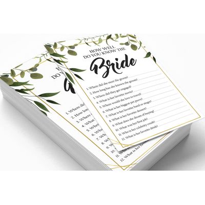 Cartões de Jogo Quadrados em Branco para Chá de Noiva e Despedida de Solteira, 50 Peças, Tema Folhagens - Inkdotpot 12,7 Cm × 17,78 Cm / Branco - Quiz da Noiva