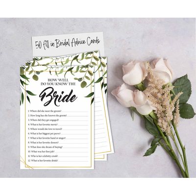 Cartões de Jogo Quadrados em Branco para Chá de Noiva e Despedida de Solteira, 50 Peças, Tema Folhagens - Inkdotpot 12,7 Cm × 17,78 Cm / Branco - Quiz da Noiva