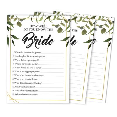 Cartões de Jogo Quadrados em Branco para Chá de Noiva e Despedida de Solteira, 50 Peças, Tema Folhagens - Inkdotpot 12,7 Cm × 17,78 Cm / Branco - Quiz da Noiva