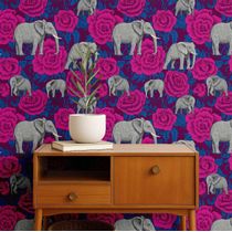 Papel de Parede Elefante com Rosa Estilo Asiático, Vinil Autoadesivo, Fácil Aplicação Faça-Você-Mesmo para Quarto e Sala - Rosa - S4Sassy