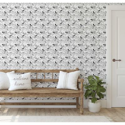 Papel de Parede Pássaro Azul e Galho para Paredes Cinza, Vinil Autoadesivo, Fácil DIY para Quarto Infantil e Brinquedoteca - S4Sassy 63,5 cm (L) × 609,6 cm (C) / Cinza - Vinil Liso
