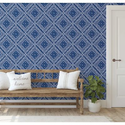 Papel de Parede Bandhani Azulejo - Estilo Asiático, Autoadesivo, Decorativo, Decoração DIY para Quarto, Sala e Ambientes - Azul - S4Sassy 63,5 cm (L) × 609,6 cm (C) / Azul - Vinil Liso