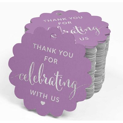 Obrigado por Celebrar Conosco: Etiquetas Papel Metalizadas Penduradas - Chá de Noiva/Chá de Bebê/Aposent./Casamento/Aniversário - Inkdotpot 50 Etiquetas Metalizadas / Roxo - Prata