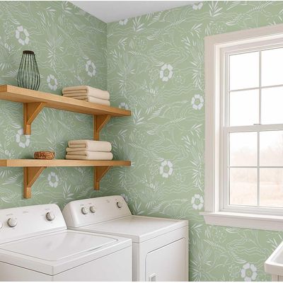 Papel de Parede Branco com Estampa Botânica Asiática, Vinil Autoadesivo, Revestimento Decorativo Fácil para Quarto e Sala, Verde - S4Sassy 63,5 cm (L) × 609,6 cm (C) / Verde - Vinil Liso