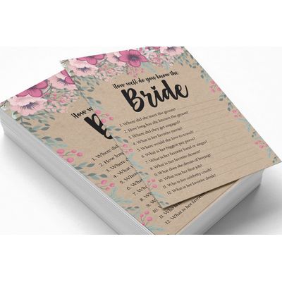 50 Cartões de Jogo Quadrados Kraft Florais em Branco para Preencher Ideias de Presente para Chá de Noiva e Despedida de Solteira - Inkdotpot 12,7 Cm × 17,78 Cm / Bege - Quiz da Noiva